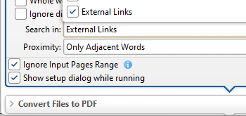 'External Links' and 'Document Info' Search Options for 'Filter Pages' and 'Filter Documents' Actions